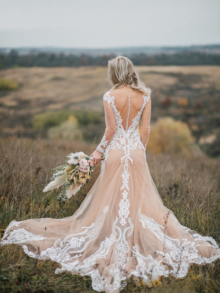 Boho Wedding Dress With Nude Underlay Tulle Lace Applique Wedding Dress