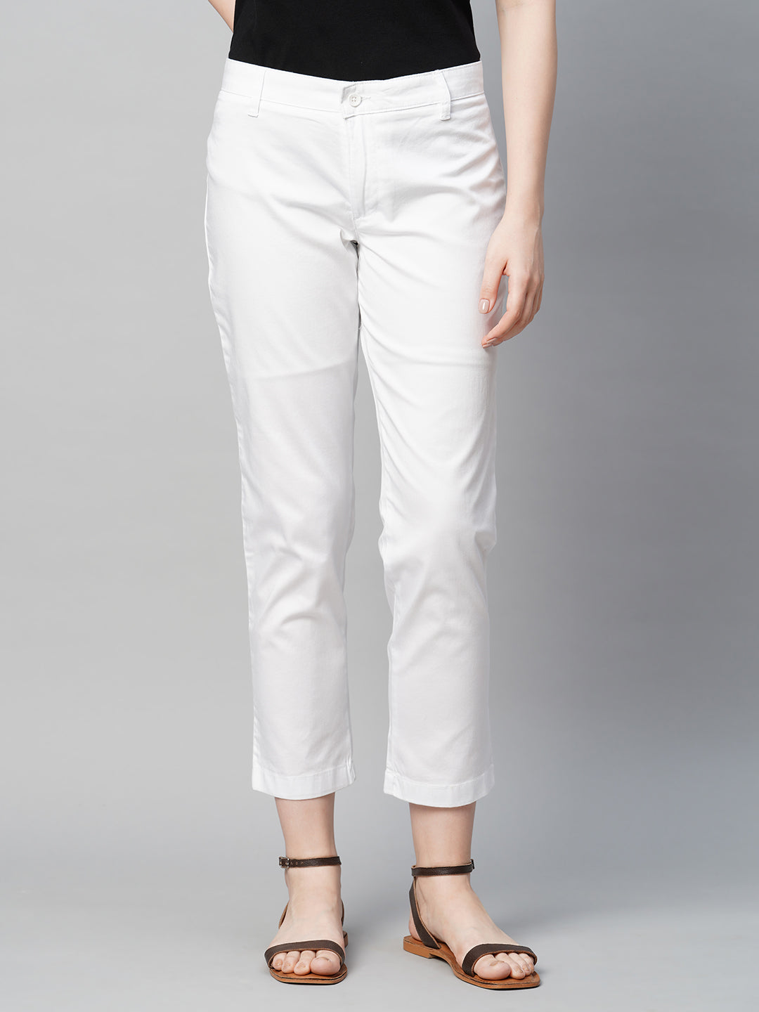 Buy AND White Solid Loose Fit Cotton Womens Trousers