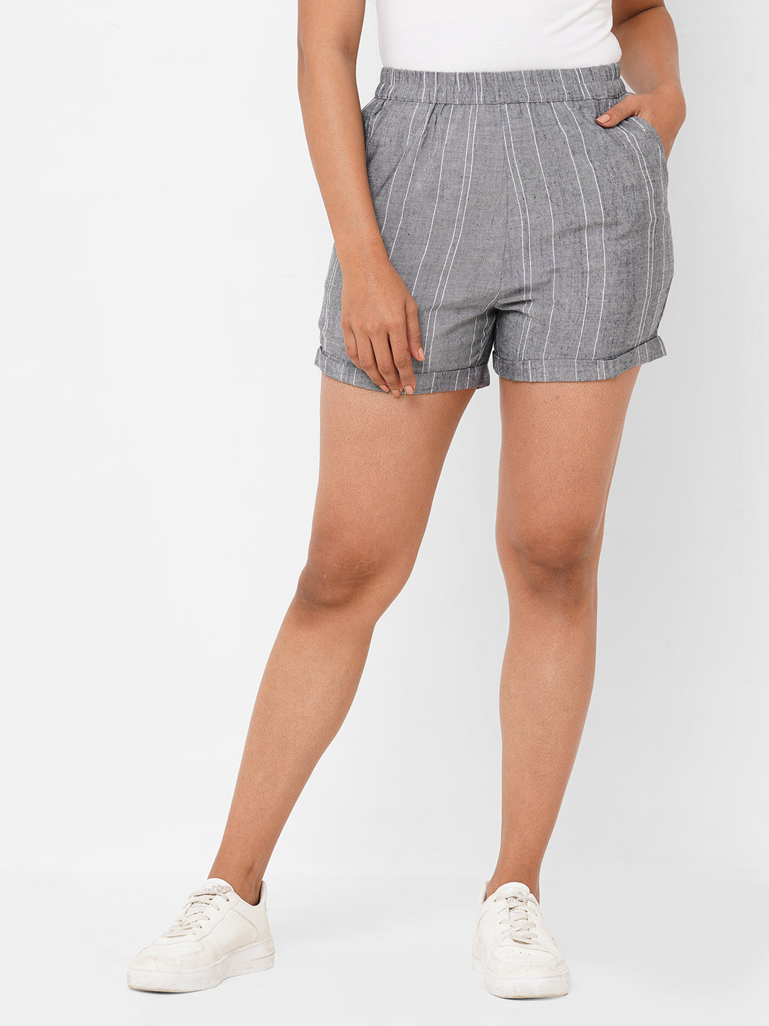 Women's Denim Blue Cotton Viscose Regular Fit Shorts