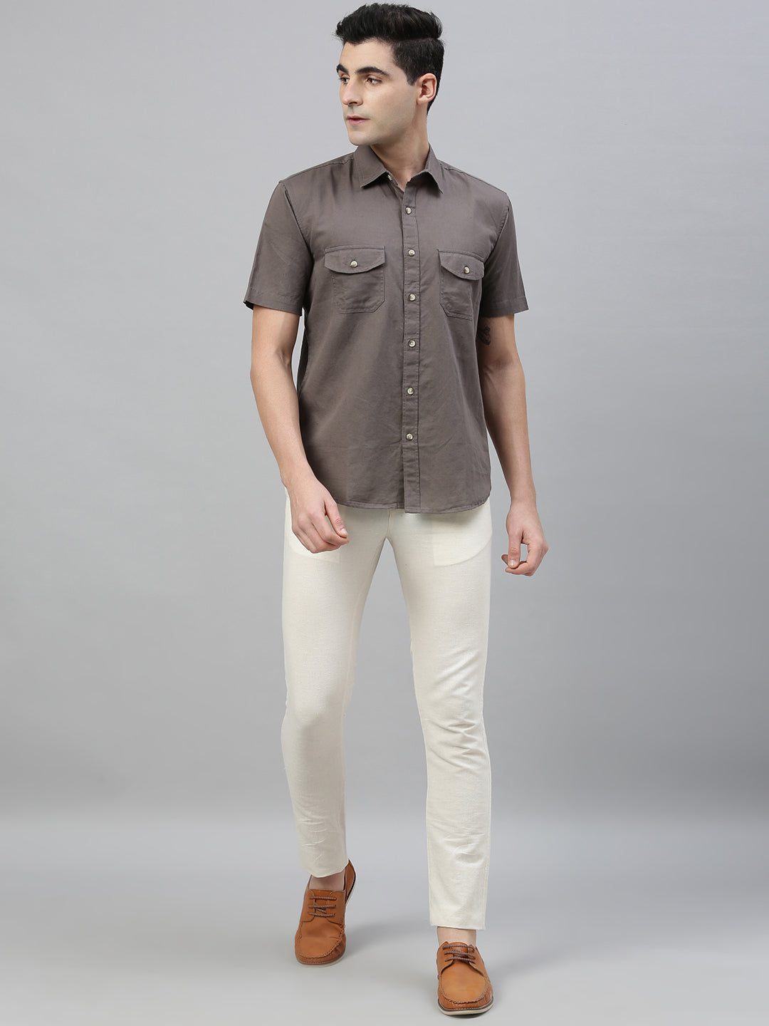 cottonworld Casual Wear Men's Olive Linen Cotton 2 Pocket Roll Up Slim Fit  Shirt, Size: Large