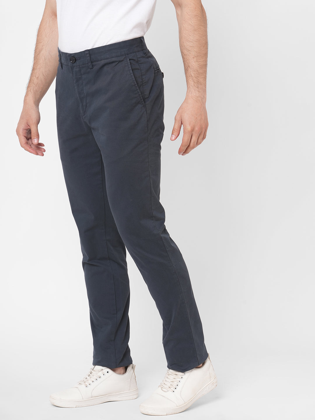 Navy Blue Slim Fit Cotton Lycra Pants for Men by