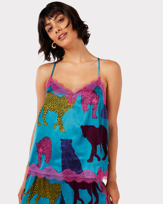 Satin Teal Leopard Print Long Pyjama Set – Chelsea Peers NYC