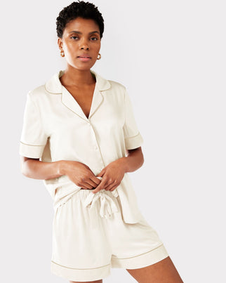 Satin Lace Trim Short Pyjama Set - Navy – Chelsea Peers NYC