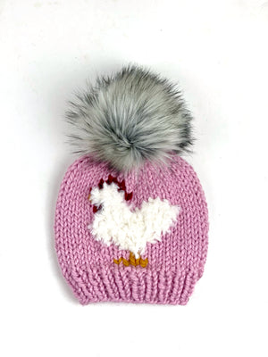 Furry Pink Chicken Beanie Wool Blend Womens Adult Hat Faux Fur Pom Pom Hat