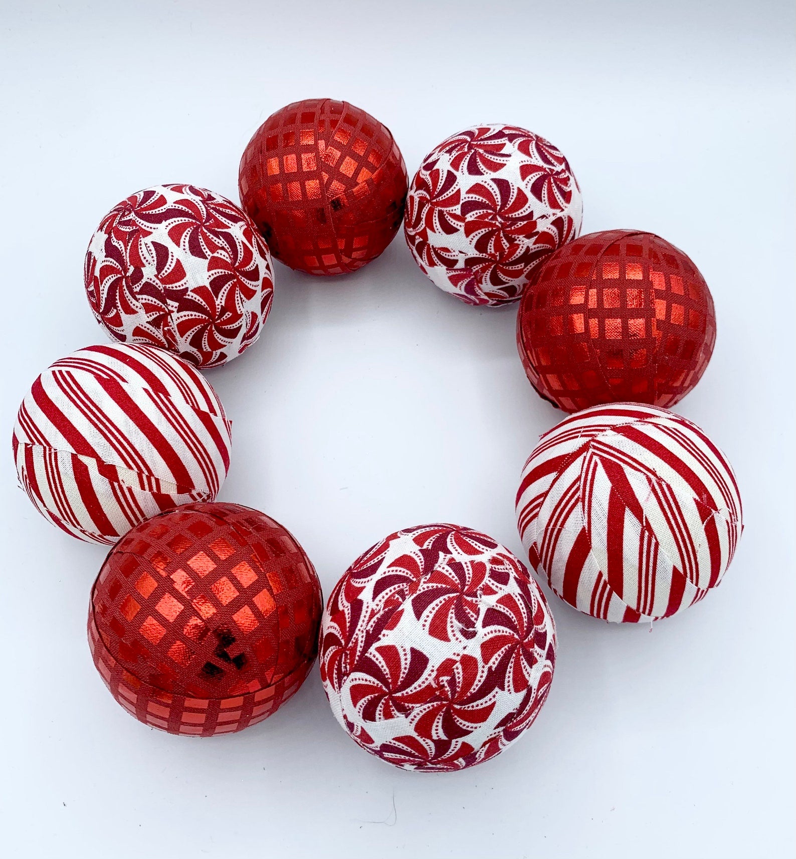 Peppermint Candy Canes red white Christmas fabric wrapped balls- holiday bowl filler orb set of 8