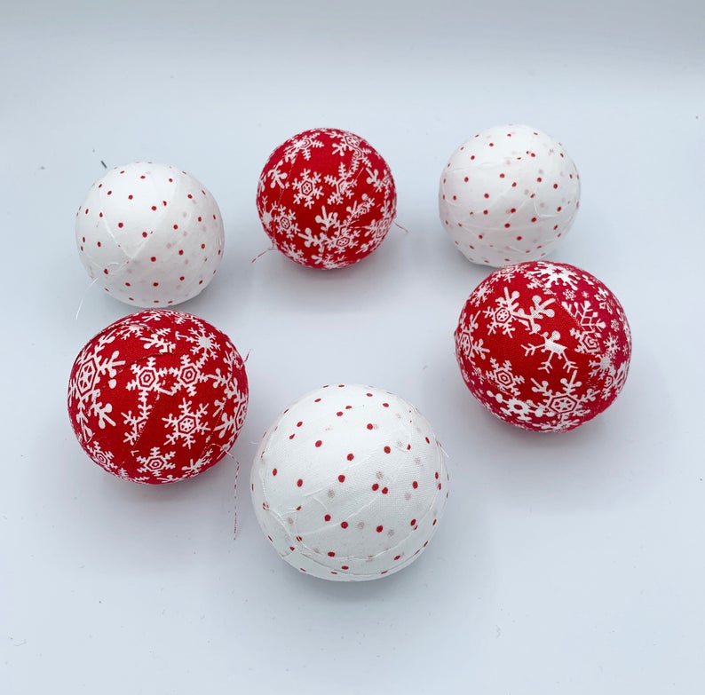 Red and white christmas snowflakes and dots fabric wrapped balls - bowl filler