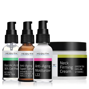 Revitalizing Skincare Essentials: Glycolic Acid 30% Gel Peel 1 oz,  Anti-Aging Super Serum 1 oz, Anti-Aging Moisturizer L22 1 oz & Neck Firming Cream 2 oz - YEOUTH