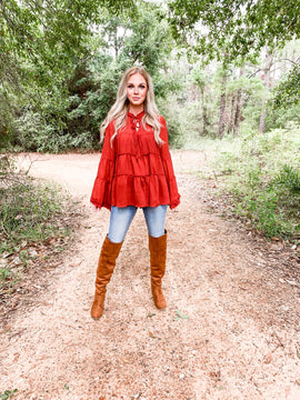 Rust Tiered Bell Sleeve Blouse
