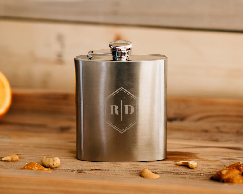 Set of 7 - Custom Engraved Flask, Brushed Stainless Steel Groomsmen Flask