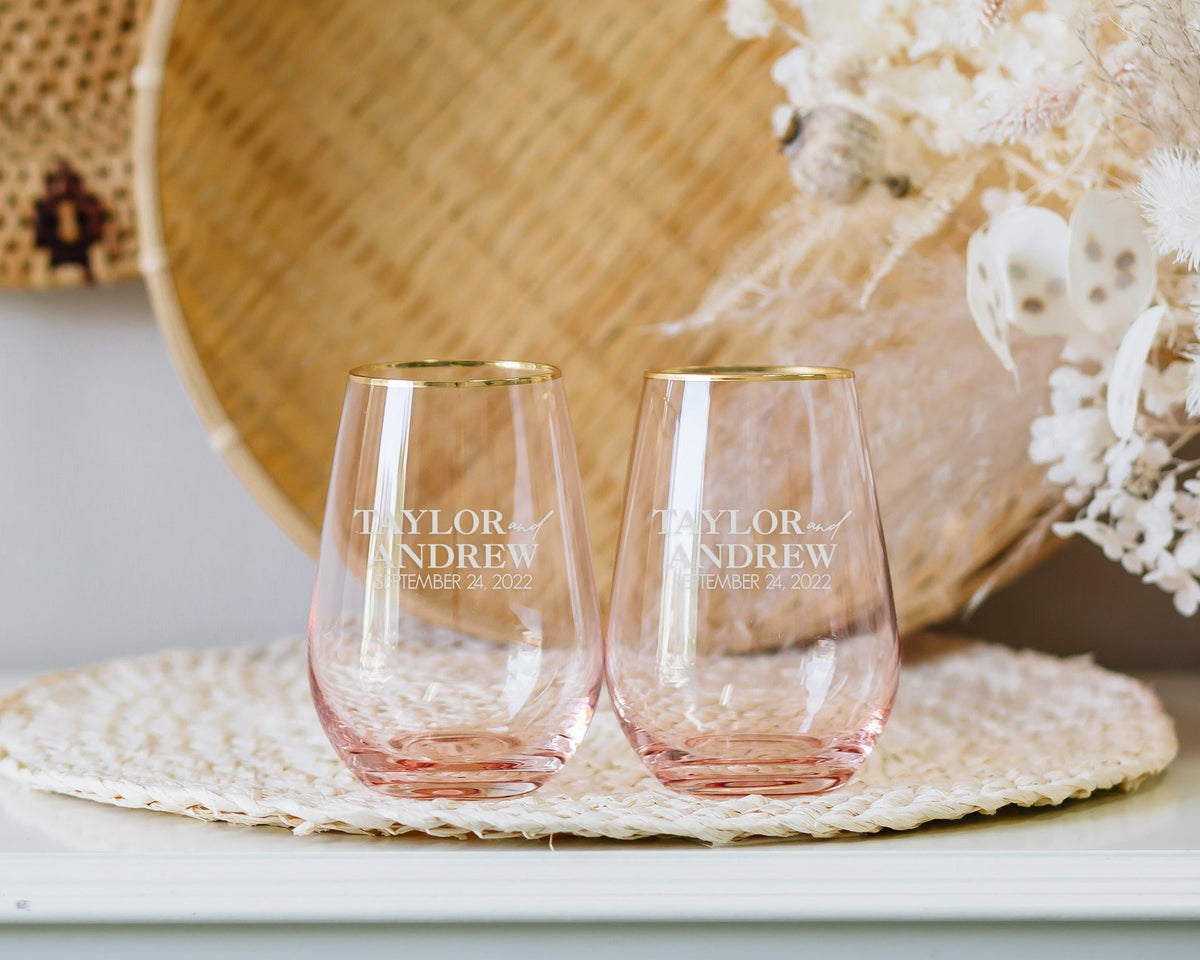 Custom Engraved Gold Rose Tinted Stemless Wine Glasses, Pair – Ever Etched