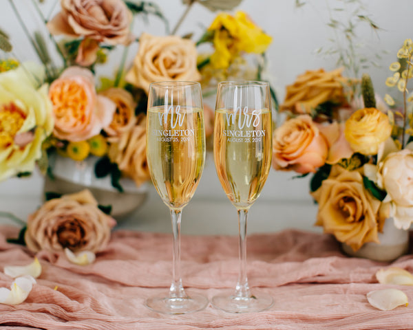 Radiant Rose Gold Etched Wedding Champagne Flutes