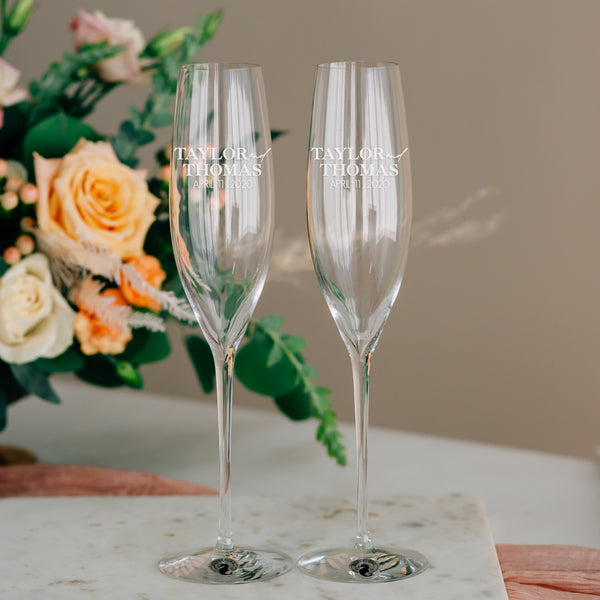 Custom Engraved Laurel Modern Champagne Flutes, Pair