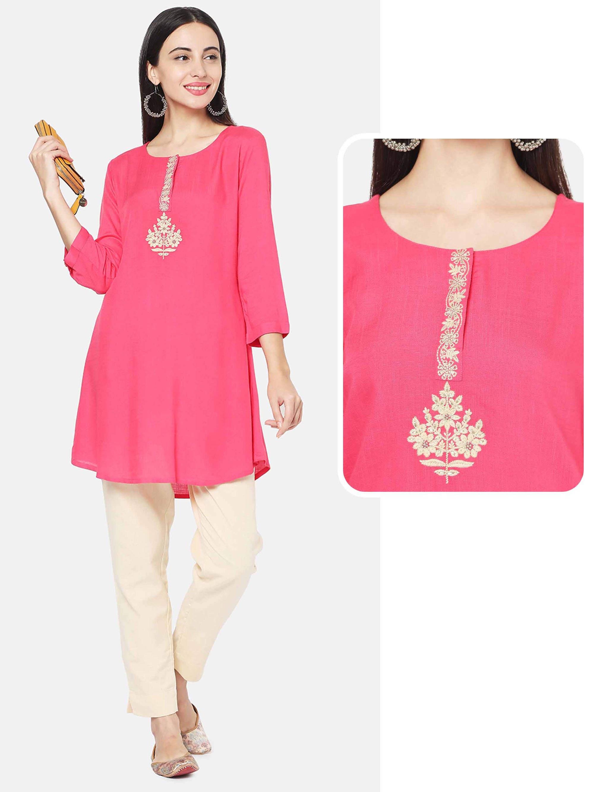 Floral Embroidered A-Line Kurti – Pink - Fashor