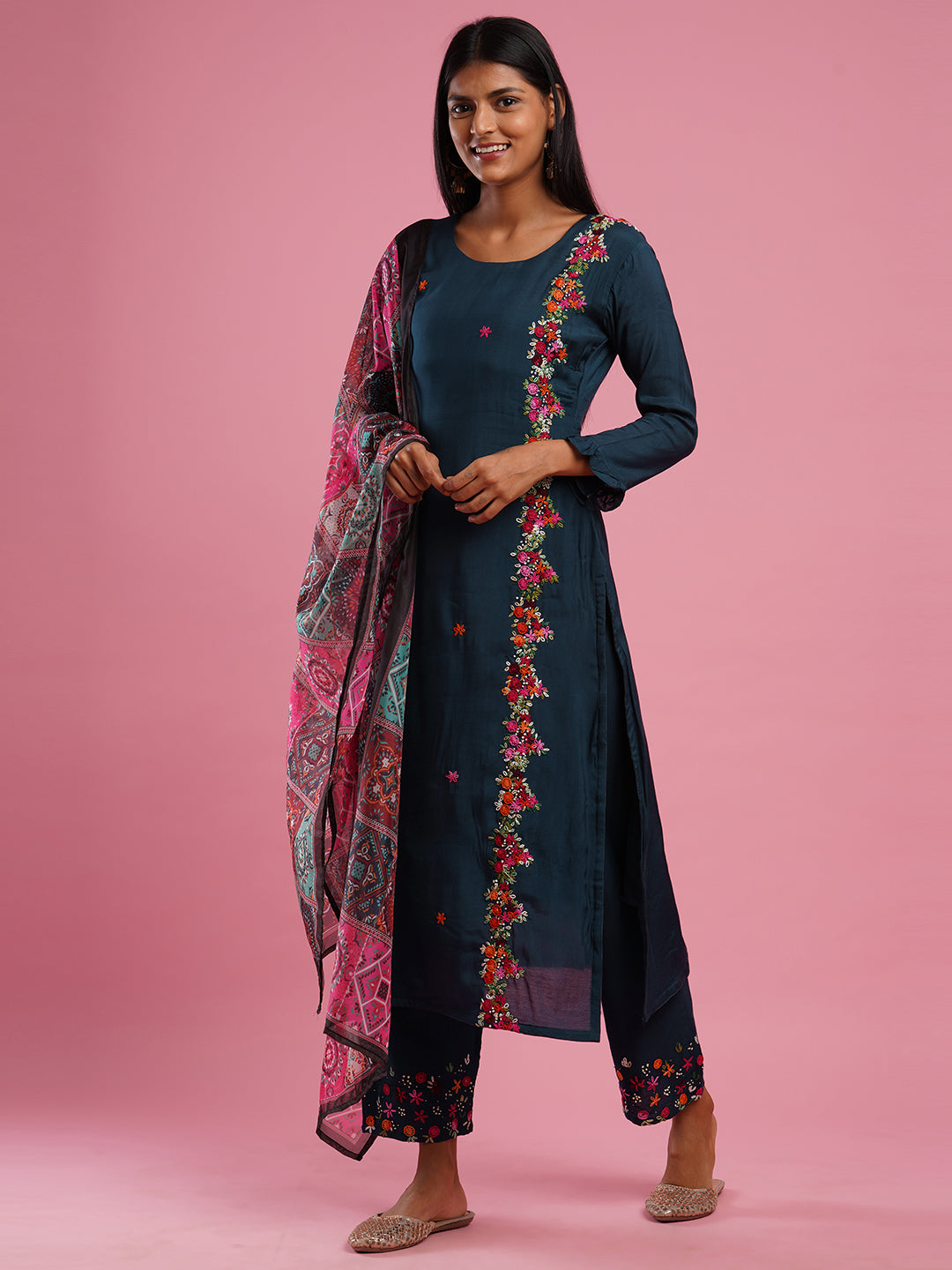 Hand Embroidered Straight Kurta with Hand Embroidered Pant with Ethnic -  Fashor
