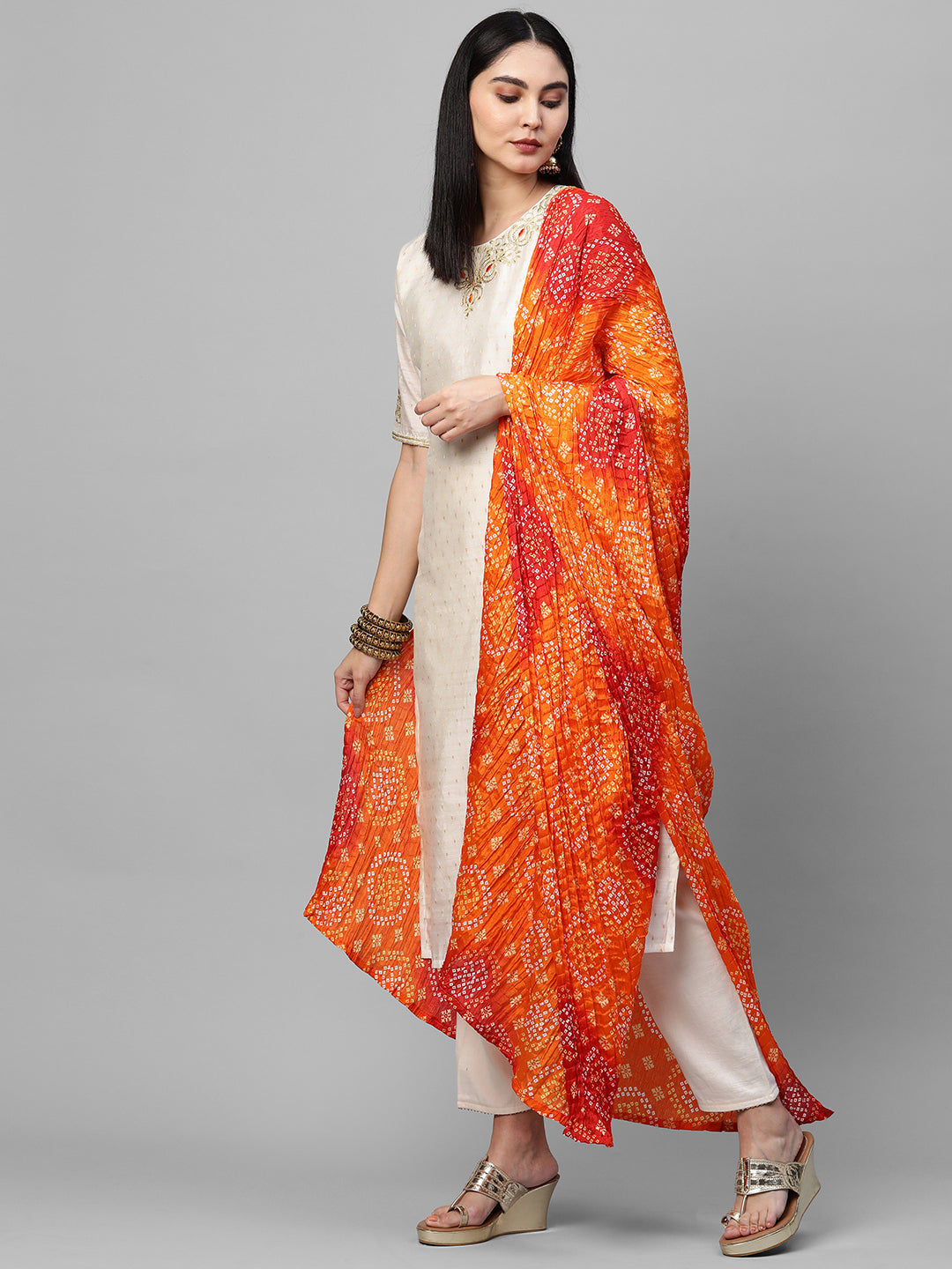 Festive Zari Embroidered & Woven Kurta & Bandhani Printed Dupatta - Of