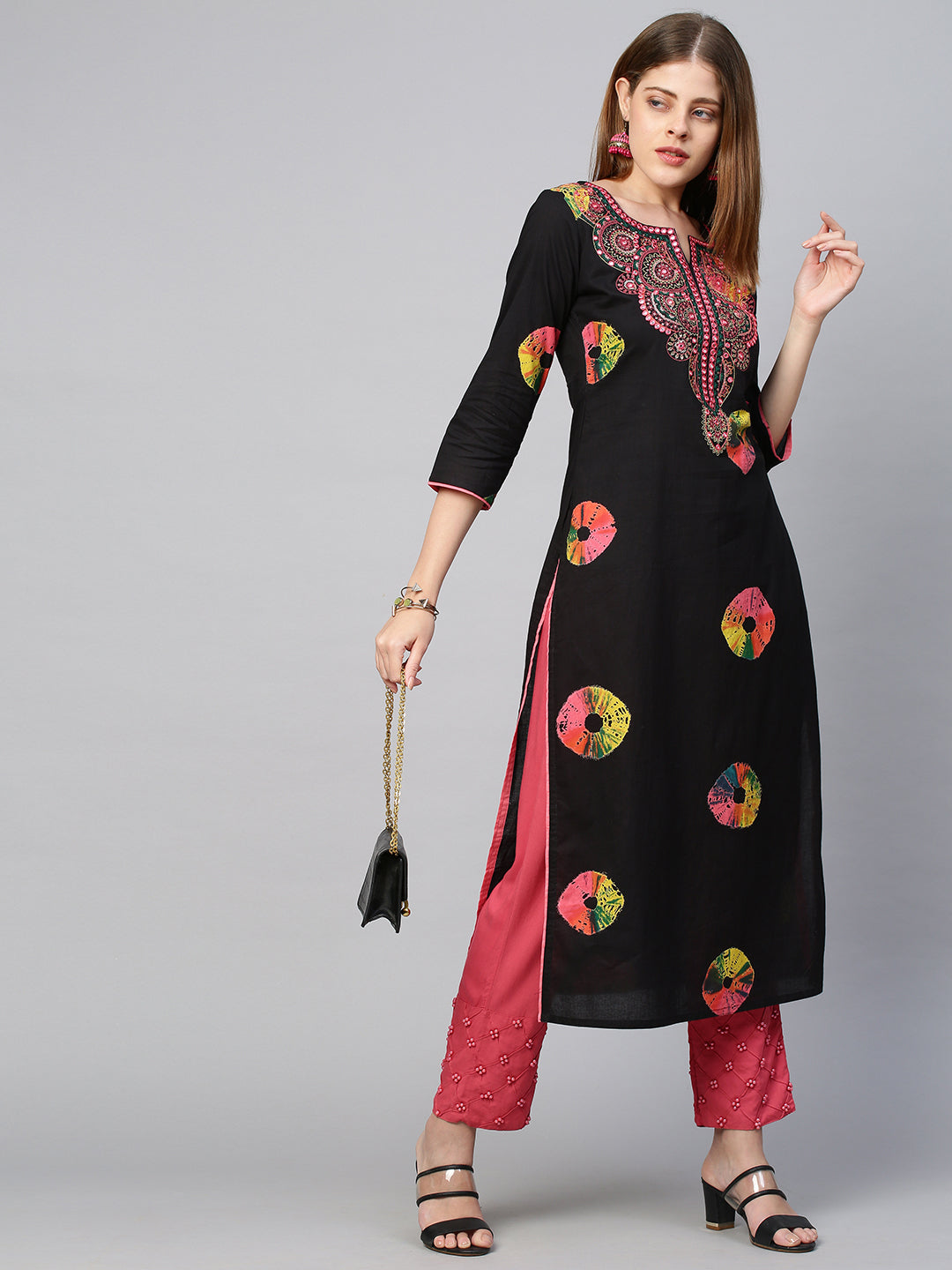 Floral-Abstract Foil Printed Mirror & Zari Embroidered Flared Kurta wi