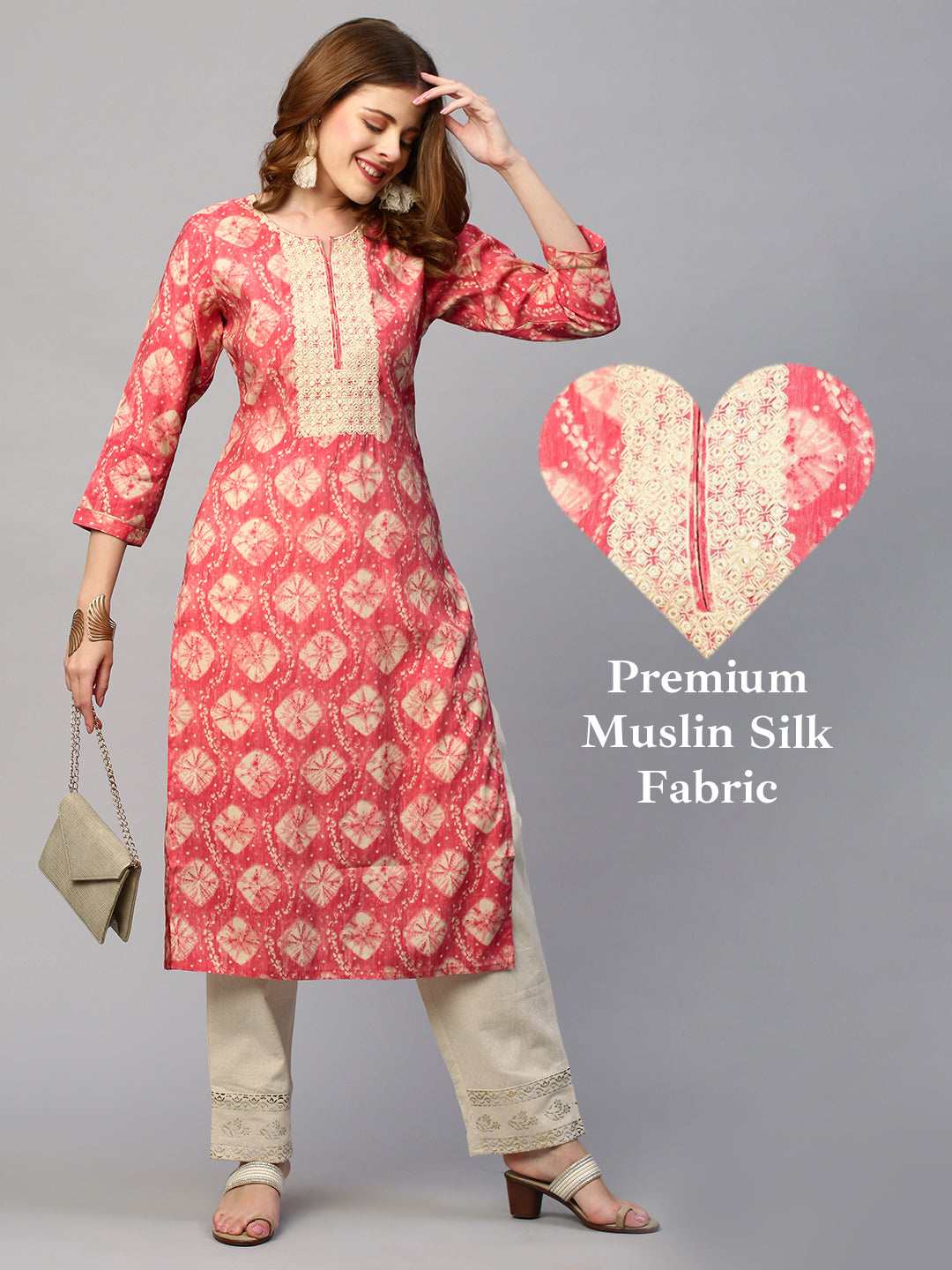 Tie - Dye Printed & Embroidered Straight Fit Kurta - Raspberry Red