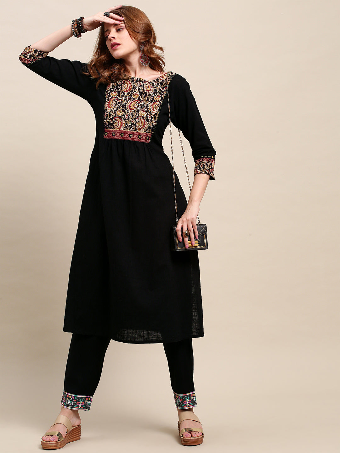 Solid Floral Embroidered Top with Schiffli Jacket & Flared Palazzo