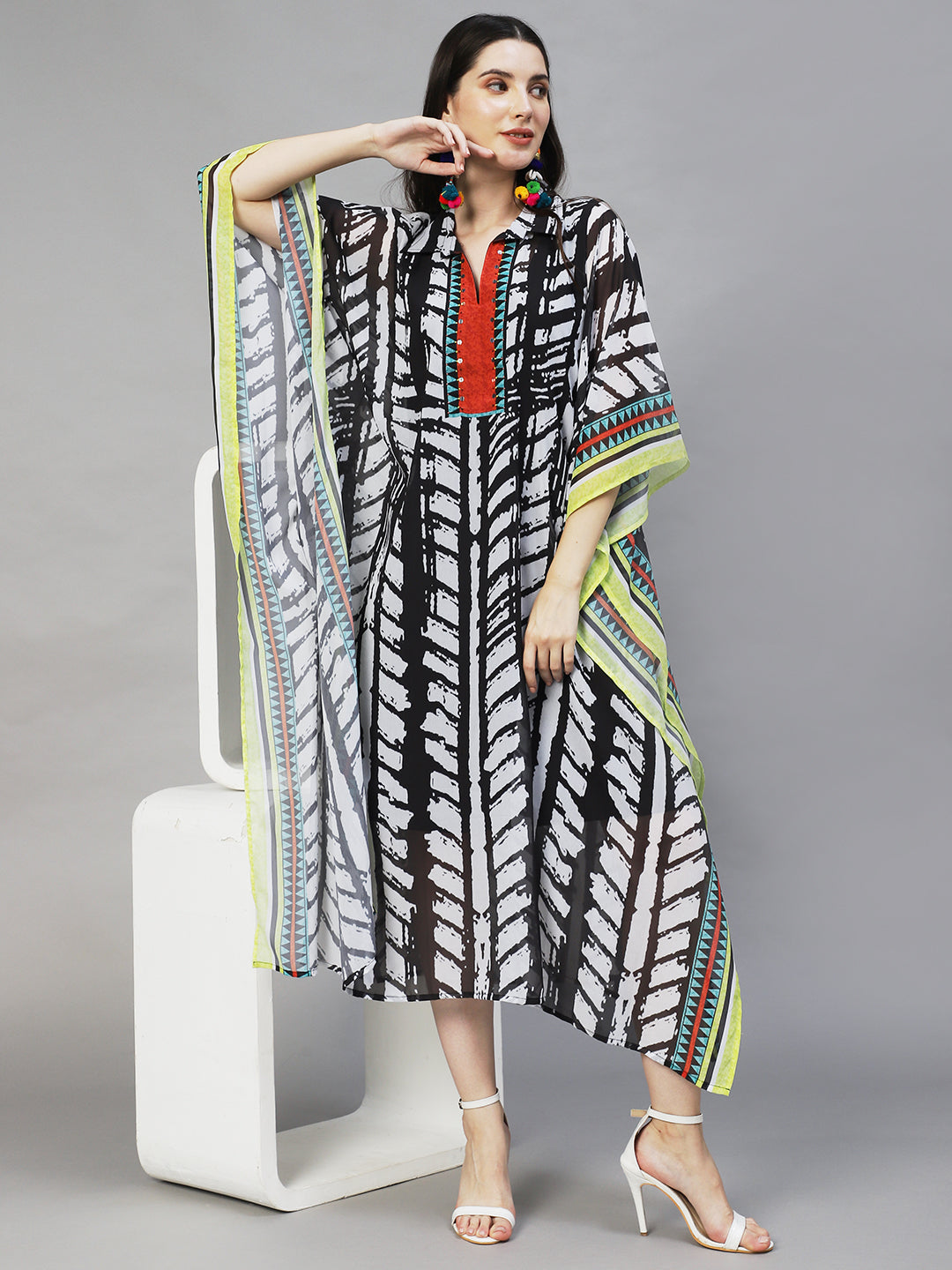 Abstract Printed & Hand Embroidered Kaftan Maxi Dress - Multi