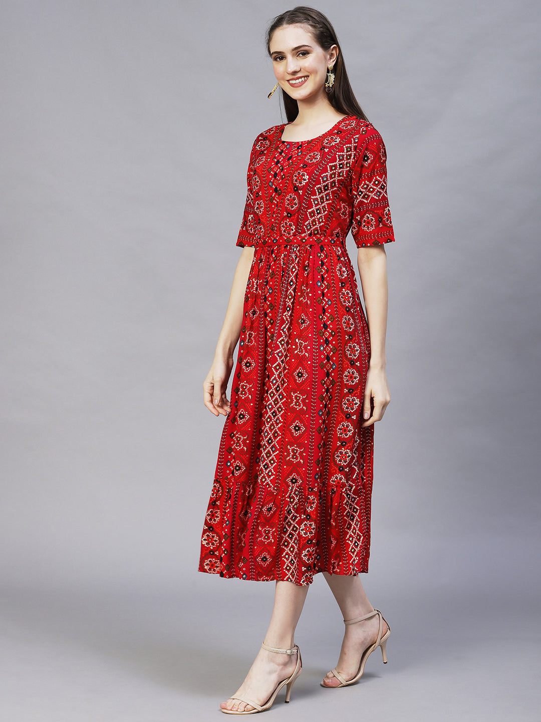 Bandhani Printed & Hand Embroidered A-Line Midi Dress - Multi