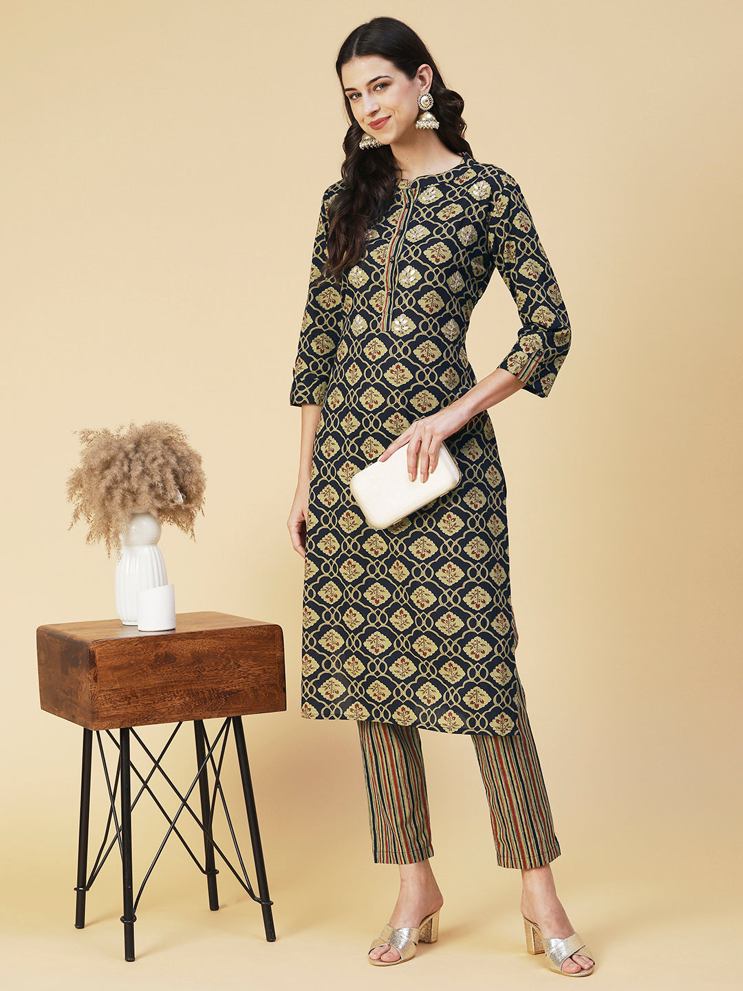 Ethnic Printed Gotapatti Embroidered Kurta With Striped Pants - Navy B