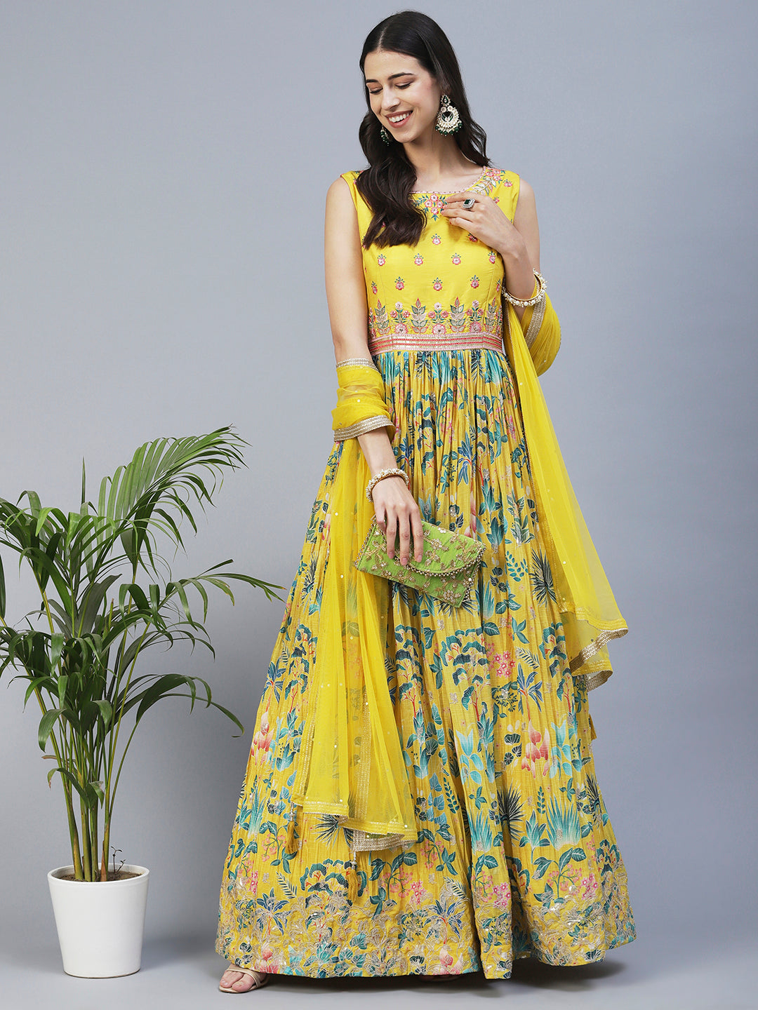 Yellow leheriya upada silk dress with pink banarsi silk dupatta - set of two