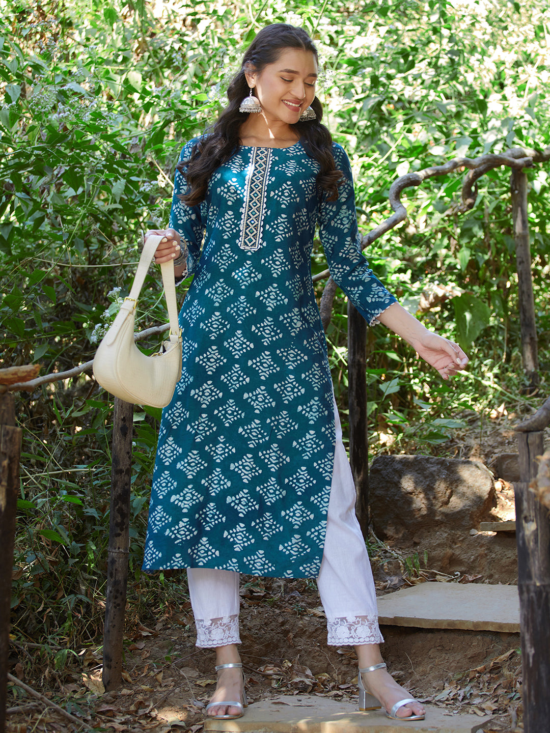 White Printed Pleated Kurta With Side Pockets With Solid Cigarette Pants