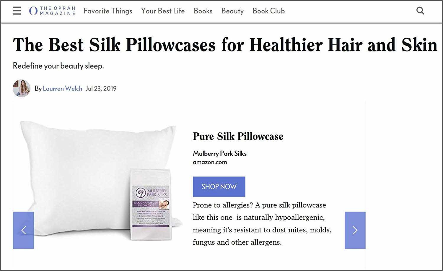 Oprah Magazine Names Mulberry Park Silks pillow case among the Best Silk Pillowcases for Healthier Hair and Skin