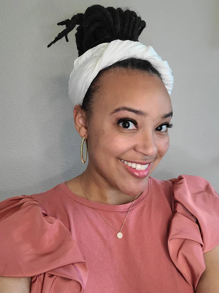 Influencerr wears Silk Headscarf in Ivory in a Headband Style