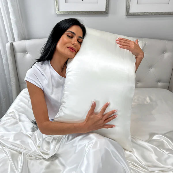 Model Holding Silk Pillowcase