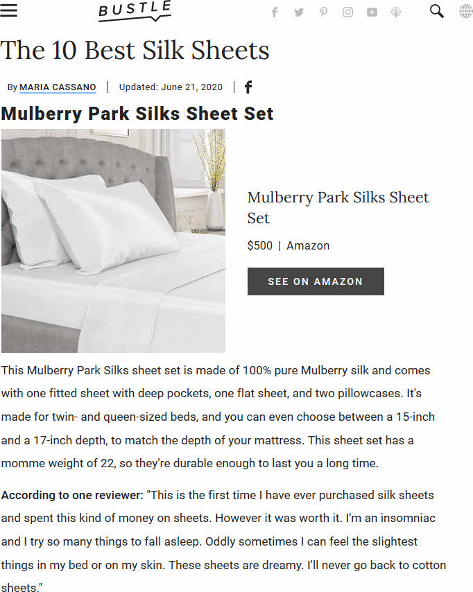 Bustle rates Mulberry Park Silks sheet sets in there 10 Best Silk Sheets on Amazon