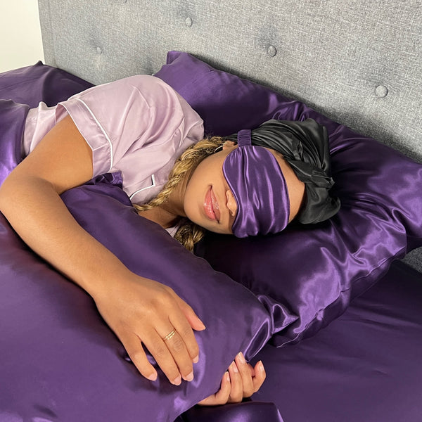 Model wearing sleep mask