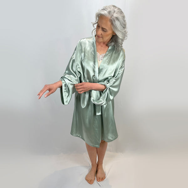 Model Wears Sage Silk Robe