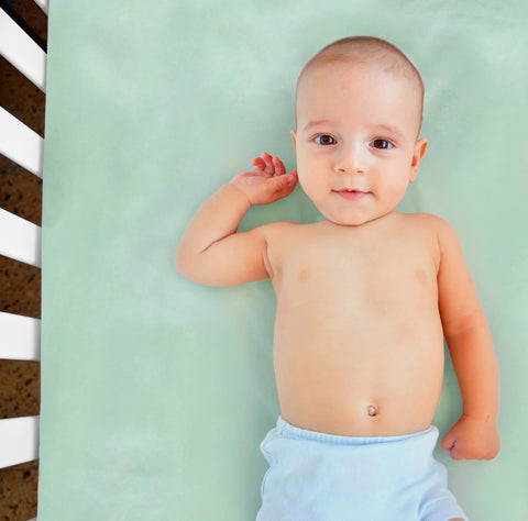 Mulberry Park Silks Crib Sheets in Goodnight green with baby