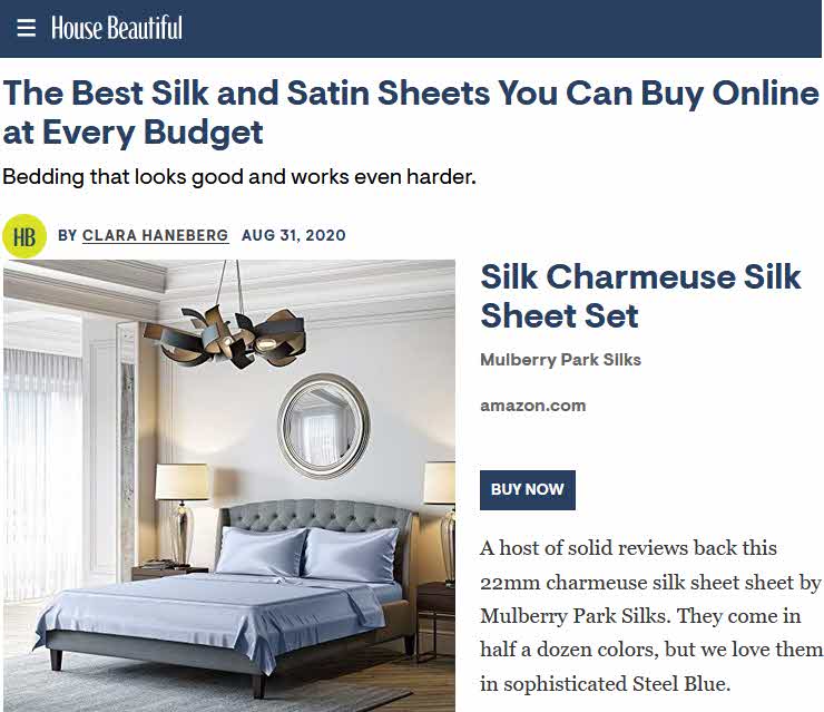 Mulberry Park 22 Momme Silk Sheet Set Named “Best” by House Beautiful