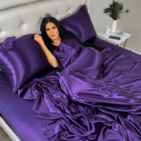 Model in Mulberry park Silks Plum Sheet Set