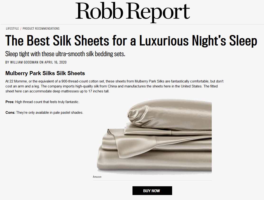 Robb Report rates Mulberry Park Silks best silk sheets 
