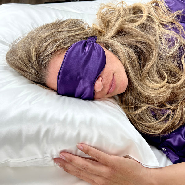 Woman Sleeping on Silk with plum sleep mask