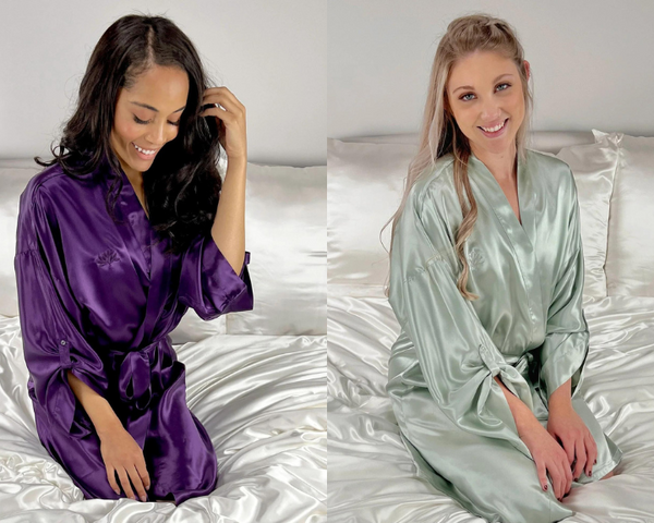 A blonde and an African-American model wearing our sage and plum silk kimono-style robes