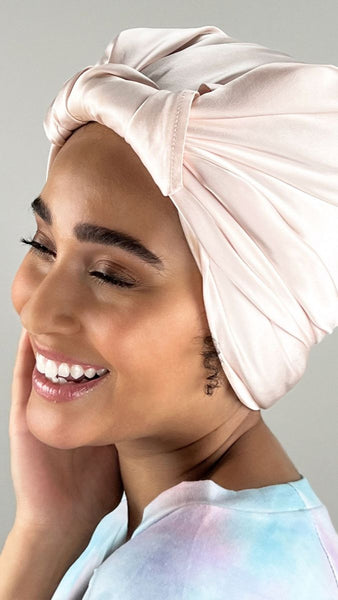 Model Wears Silk Head Wrap in pink