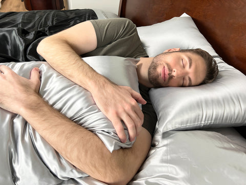 Male Model Sleeps on Silk pillowcase