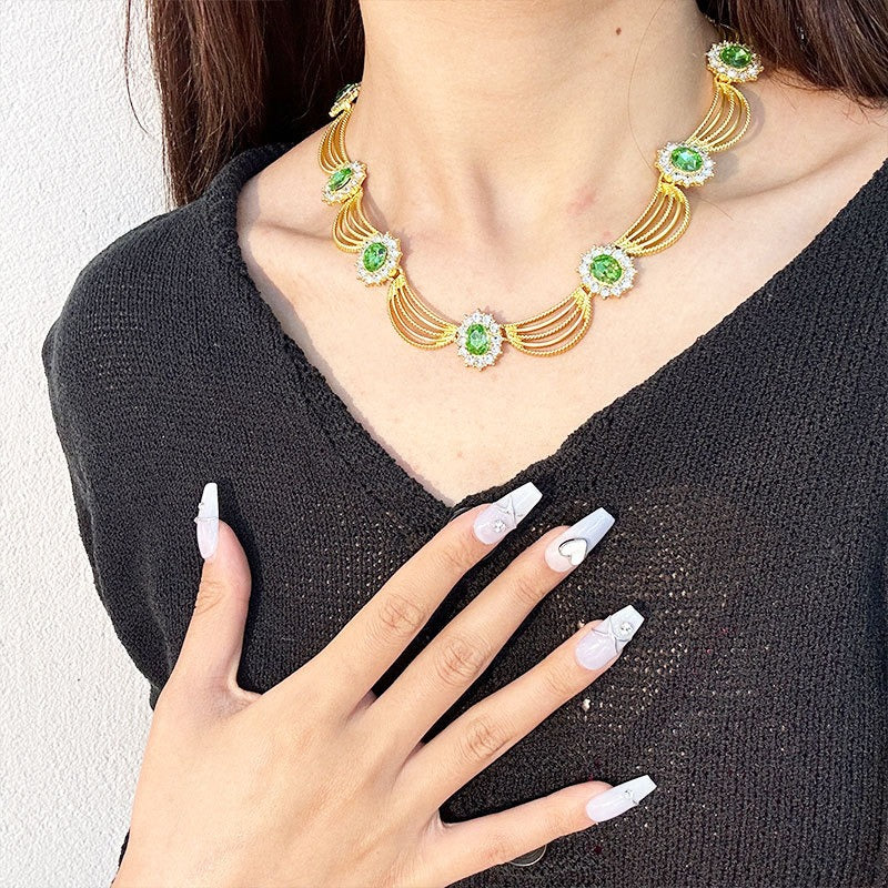Alloy diamond set emerald necklace - runwayfashionista.com
