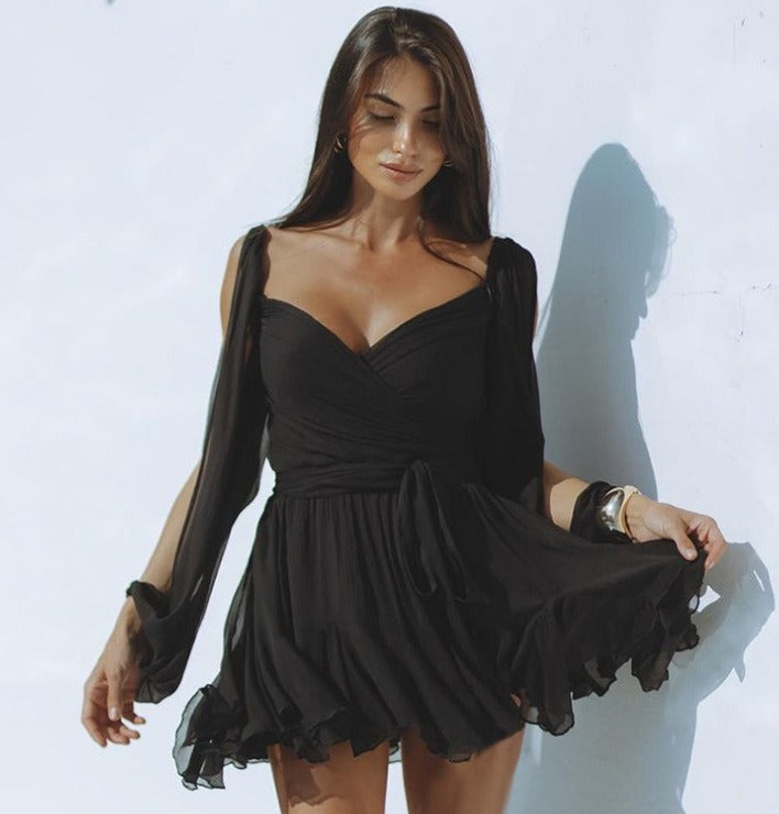 V-neck off shoulder dress - runwayfashionista.com