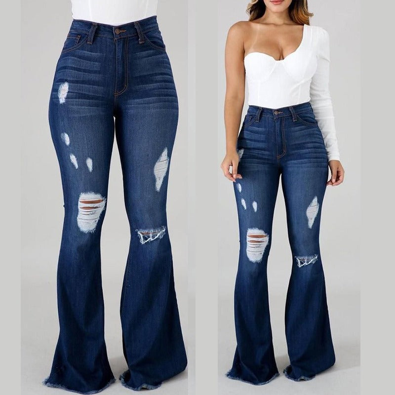 High Waist Ripped Flared Jeans - runwayfashionista.com