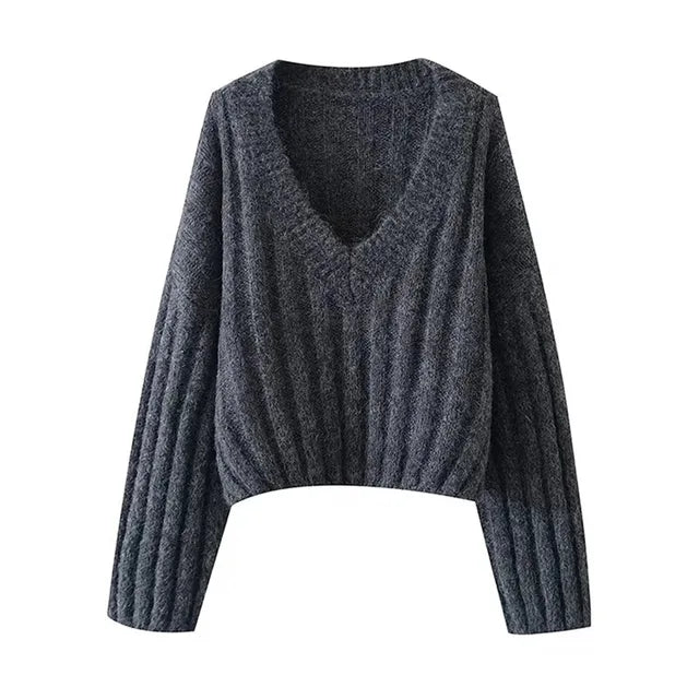 V-neck Lantern Long Sleeve Casual Sweater - runwayfashionista.com