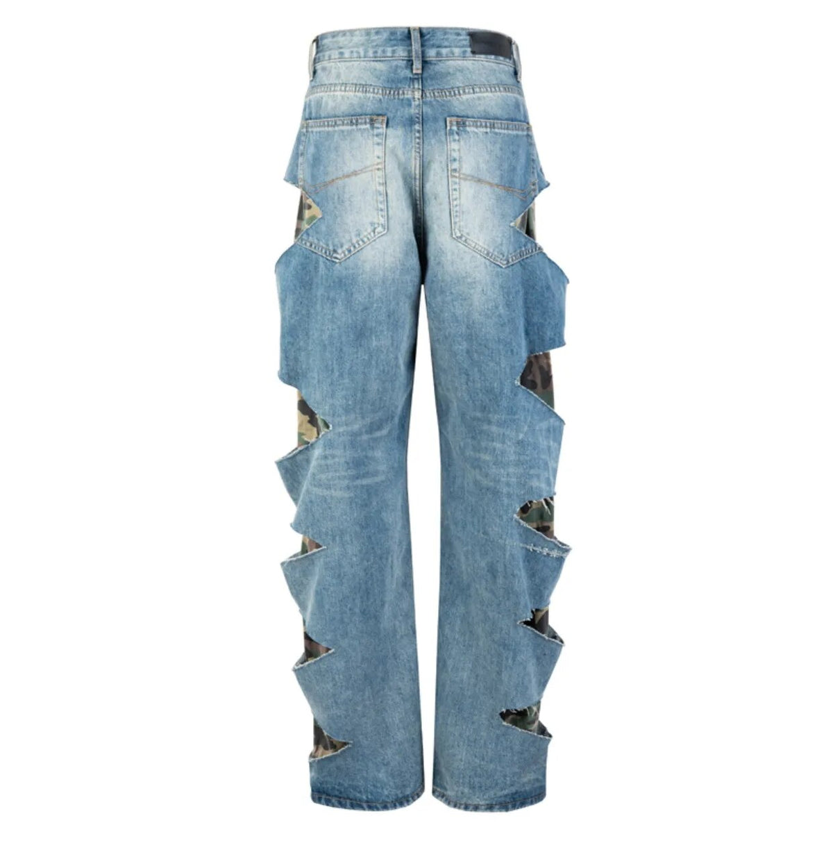 Camouflage Hole Fake Two Pieces Jeans - runwayfashionista.com