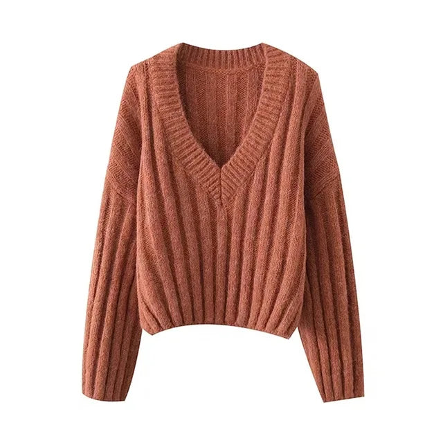 V-neck Lantern Long Sleeve Casual Sweater - runwayfashionista.com