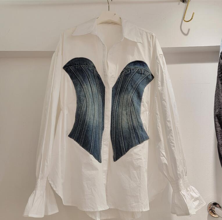 Lapel Long Sleeve Spliced Single Breasted Blouse - runwayfashionista.com