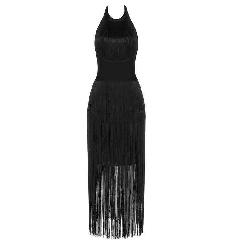 Sleevless Tassel Blackless Mid-calf Dresses - runwayfashionista.com