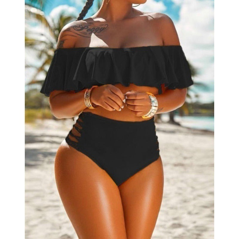 Off Shoulder Ruffle Edge Split Beach Bikini - runwayfashionista.com